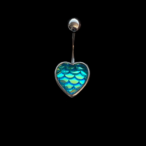 Cerrahi Çelik Göbek Piercing Deniz Kızı Kalpli Mavi Hologram Taşlı Gümüş Renk B616 – Piercing